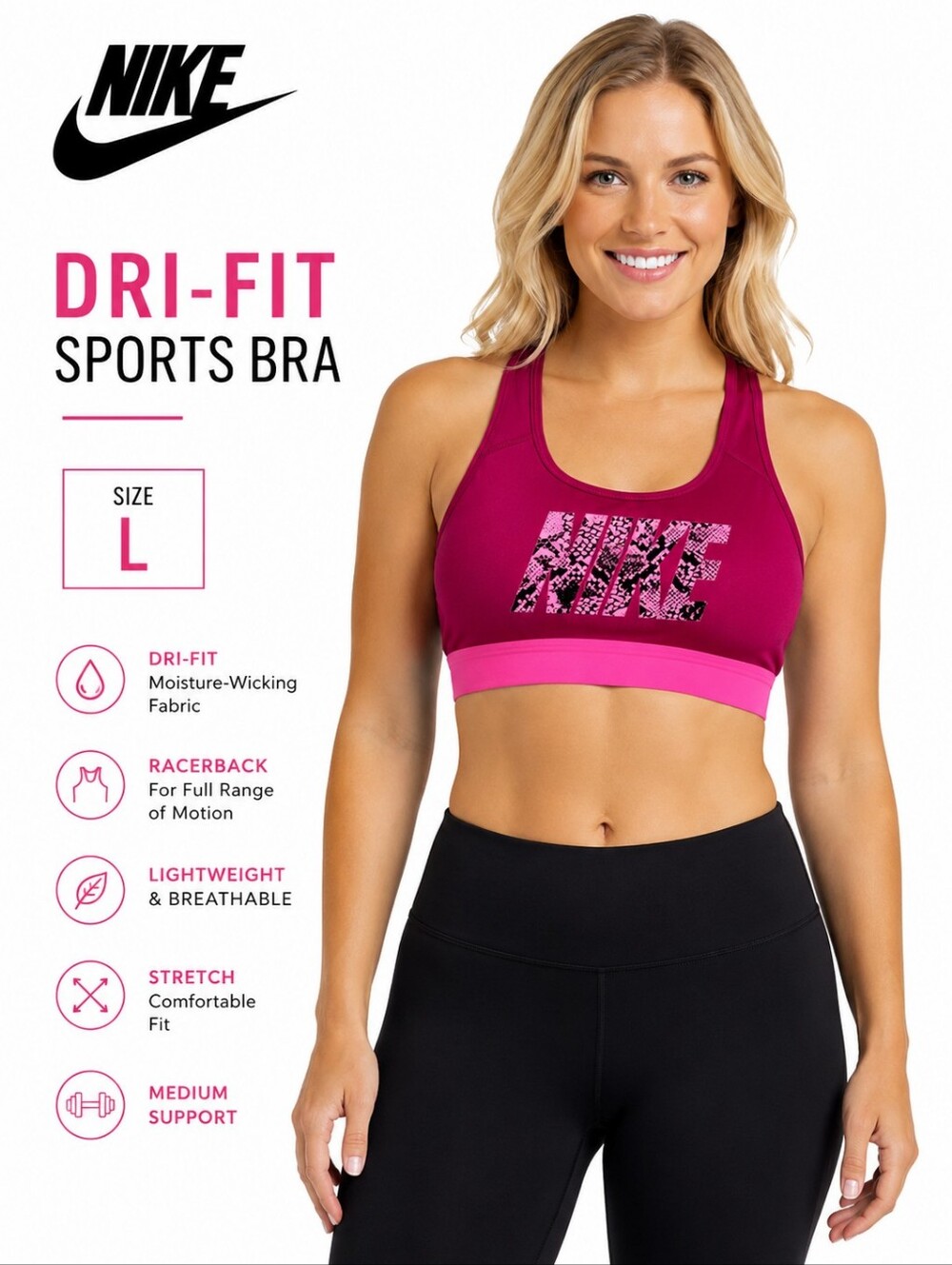 Nike Dri-FIT Pink Graphic Sports Bra – Women's Large